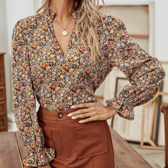 Boho Yellow Floral Ruffle Puff Sleeve Top - Picture 5 of 7